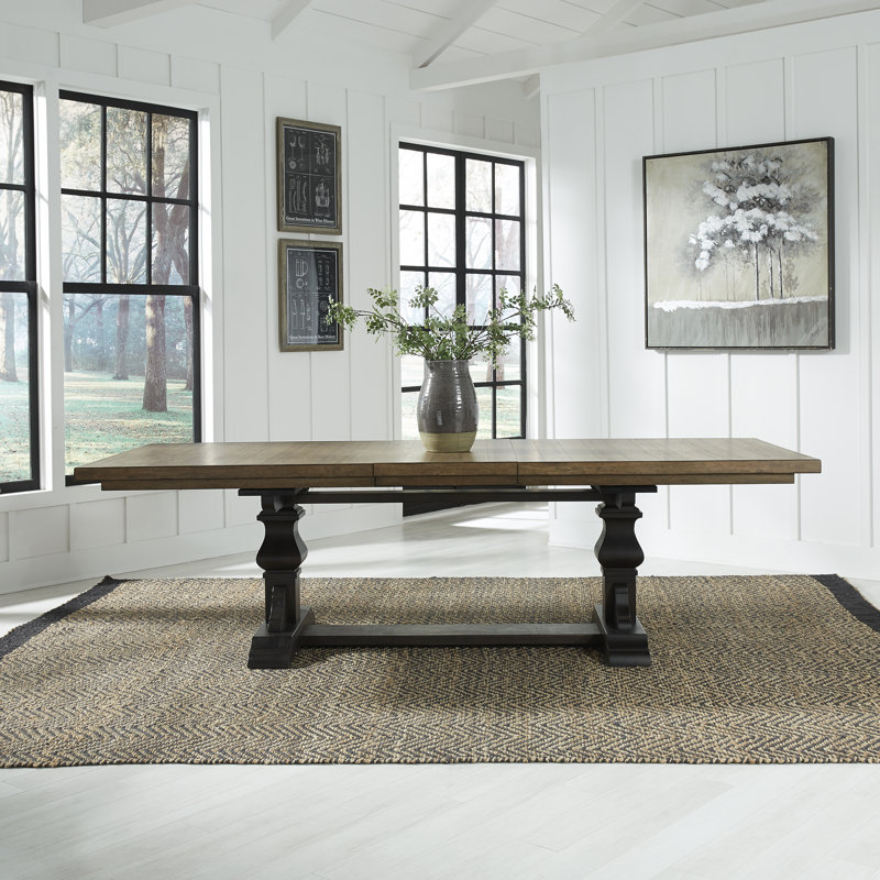 Three Posts Sonntag Extendable Rubberwood Solid Wood Trestle Dining Table Wayfair